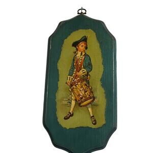 Drummer Boy Plaque Retro Decoupage Wall Hanging on Wood Vintage 70s Chic